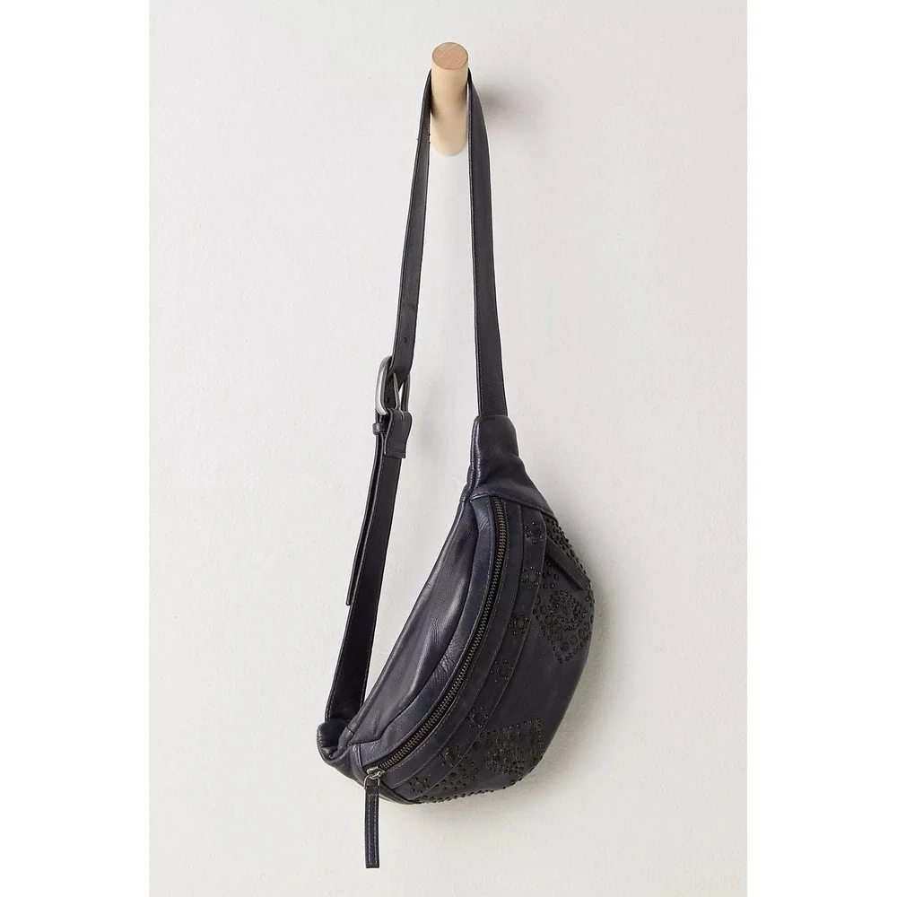 NWT!! FREE PEOPLE Black Leather Ana Adorned Sling Bag Solid Studded Embellished - Picture 15 of 16